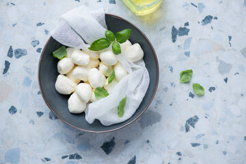 Wall Mural - Bowl with fresh mozzarella balls and green basil leaves, top view on a white and blue granite background, horizontal shot with space