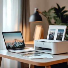 Poster - Printer, laptop and camera on table close up. Printing photos