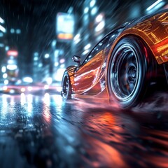Poster - Sport car wheel drifting on night of city lighting background