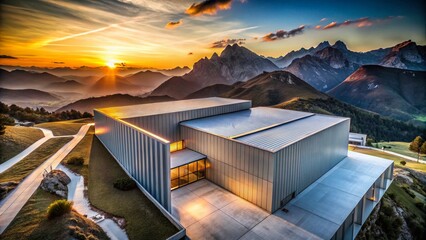 Wall Mural - Aerial View of Minimalistic Architecture with White and Grey Metal Panels Against Majestic Mountains at Sunset - Serene Landscape Captured in Golden Hour Light