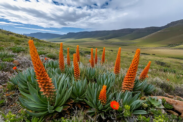Wall Mural - Reddish orange blooms from Aloe ferox plants make up this typical Eastern Cape winter landscape.