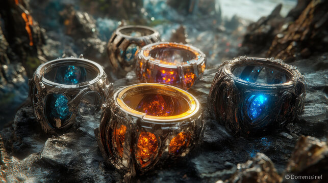 Magic rings collection. Game design concept set, cartoon style.