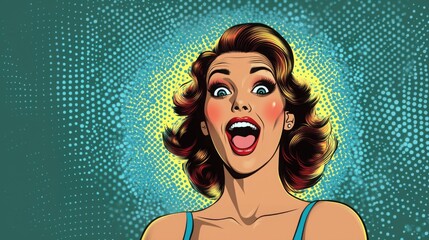 Wall Mural - A beautiful woman expresses overwhelming joy with a big smile, her face illuminated by a colorful burst of rays in a comic halftone style