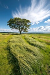 Wall Mural - A solitary tree stands amidst lush green grass under a bright blue sky with dynamic clouds.