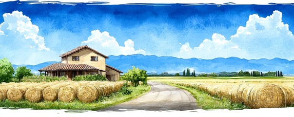 Wall Mural - A serene landscape featuring a house beside a field of golden hay, under a bright blue sky with fluffy clouds.