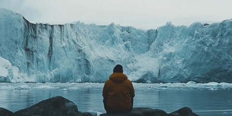 Poster - Man looks at glacier from rocky outcropping