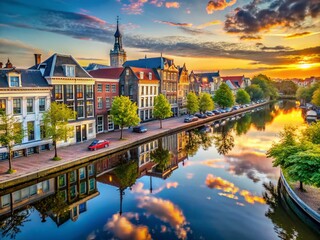 Wall Mural - Breathtaking Sunrise Panorama of the City Embankment in Leiden with Serene Reflections and Lush Greenery, Perfect for Nature and Travel Enthusiasts