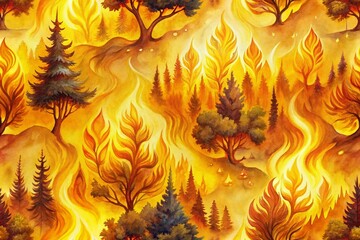 Aufkleber - Bright Watercolor Flame Patterns in Yellow and Brown: A Fairytale Inferno Illustration with Velvet Texture for Artistic Wallpaper and Background Designs