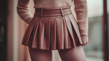 Poster - A stylish figure showcases a pleated mocha skirt paired with a cozy sweater, blending elegance and contemporary fashion