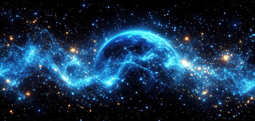 Wall Mural - a blue planet with a blue wave of stars surrounding it