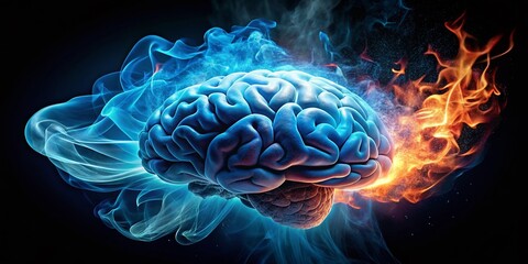 Poster - Captivating 3D Render of a Brain Surrounded by Hypnotic Blue Fire and Smoke Effects Against a Dark Background, Perfect for Illustrating Creativity and Innovation Concepts
