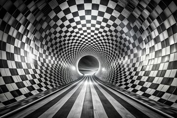 Aufkleber - Captivating Black and White Checkboard Tunnel Motion Background for Dynamic Wormhole Travel Concept with Dramatic Double Exposure Effects