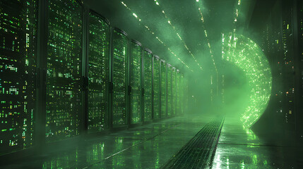 Poster - Green Lit Server Room Corridor Showing Data Processing