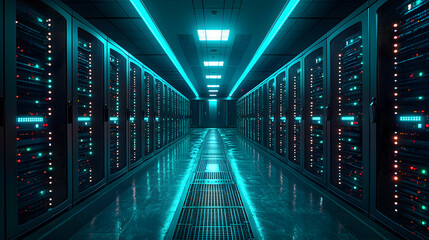Poster - Illuminated Server Room Rows Of Data Servers