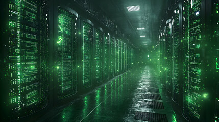 Poster - Green Lighted Server Room Data Center Corridor