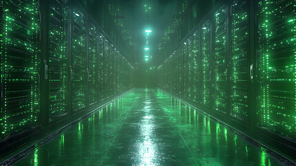 Poster - Green Lit Server Room Data Center Corridor