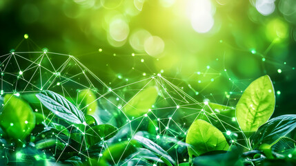 Poster - Lush Green Foliage Connected By Illuminated Network Lines