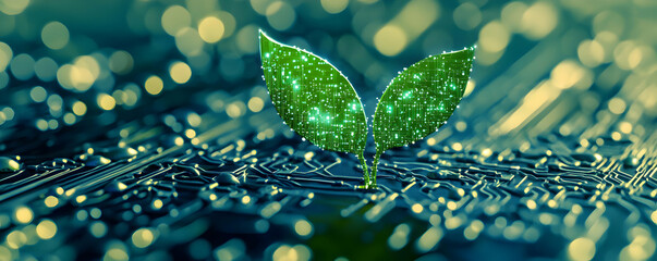 Poster - Green leaves sprout from digital circuit board