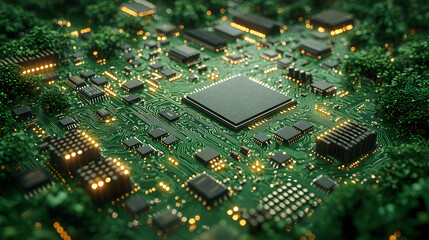Poster - Green Circuit Board With Integrated Microchip Among Greenery