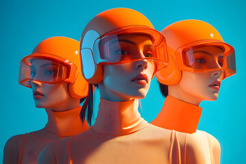 Poster - Three futuristic women donned in orange helmets and visors stand against a calming blue background, capturing a surreal blend of technology and fashion. .