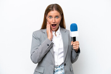 Wall Mural - Young caucasian tv presenter woman isolated on white background with surprise and shocked facial expression