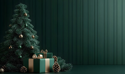 Wall Mural - three dimensional render of an abstract christmas background with a christmas tree and a gift box in