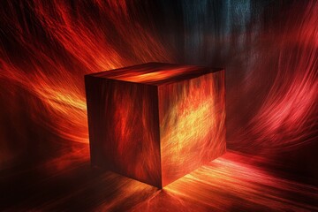 Poster - Abstract glowing cube illuminated by vibrant fiery colors in a dramatic swirling background, evoking feelings of energy, mystery, and creativity in a digital art style.