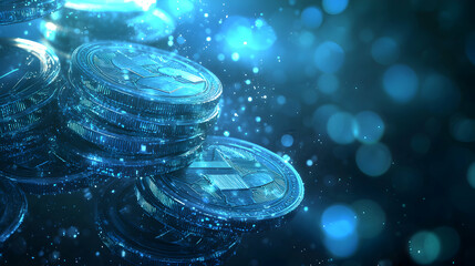 Poster - Glowing Cryptocurrency Coins Stacked High In Blue Light