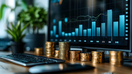 Poster - Stacks of coins on desk near financial charts