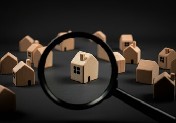 A magnifying glass hovering over a group of small wooden houses, with the focus on a single-story house in the center, set against a dark background for contrast and depth.

