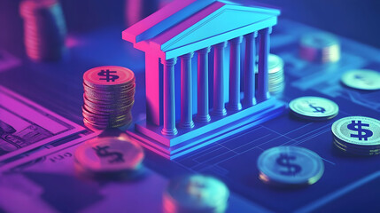 Poster - A stylized bank model with stacks of dollar coins