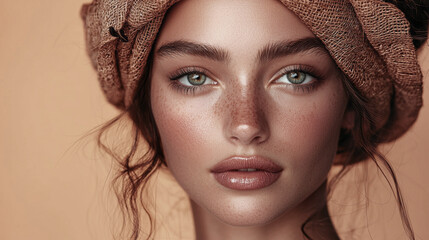 Poster - Rich mocha colors frame a stunning model's face, accentuating her expressive eyes and flawless skin while showcasing artistic beauty