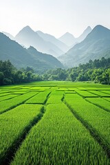 Wall Mural - Lush green rice fields surrounded by mountains under a clear sky.