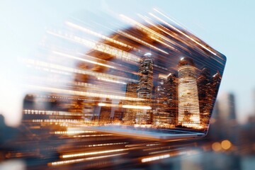 Poster - City skyline merging with laptop display urban environment digital art concept futuristic viewpoint technology integration