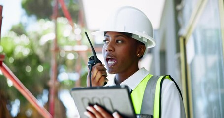 Fototapete - Engineering, construction site and black woman with radio, tablet and project manager with safety. Person, architecture or employee with helmet, tech and real estate with communication or digital app