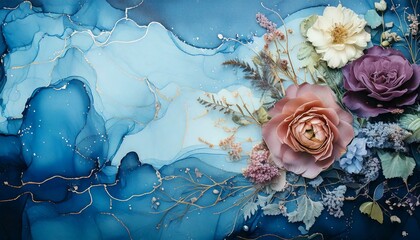 Wall Mural - Nostalgic color palettes; chambray blue background with alcohol inks and flowers, watercolor 97899