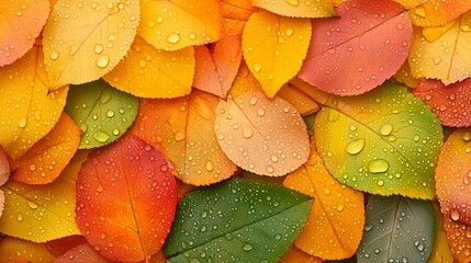 Poster - Multicolor Autumn Leaves with Raindrops Nature Inspired Background : Generative AI