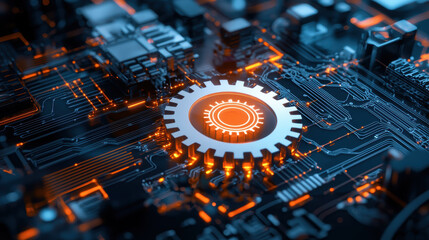Poster - detailed circuit board with glowing orange elements and gear design
