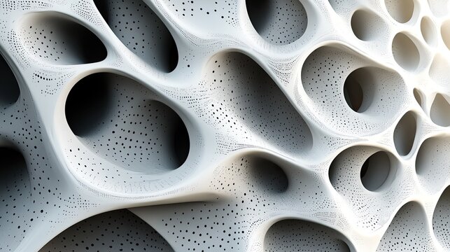 Abstract 3D rendering of a porous, organic structure with varying sized holes and textures.