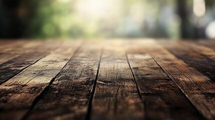 Poster - Rustic Wooden Floor Boards with Blurred Nature Background Perfect for Textured Backdrops : Generative AI