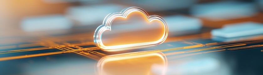 Wall Mural - A glowing cloud symbol over a digital circuit background, representing cloud computing and technology.