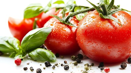 Aufkleber - Fresh Vine Ripened Tomatoes with Basil Leaves and Black Peppercorns : Generative AI