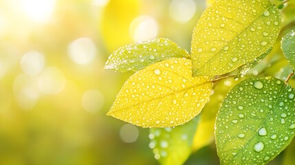Aufkleber - Sunlit Green Leaves with Morning Dew Droplets in Bright Garden : Generative AI
