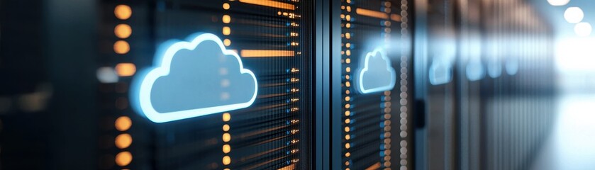 Wall Mural - A close-up view of server racks with illuminated cloud icons, representing cloud computing and digital storage technology.