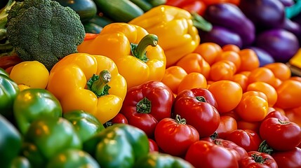 Poster - Vibrant Fresh Colorful Vegetables Display with Broccoli Peppers and Tomatoes at the Market : Generative AI
