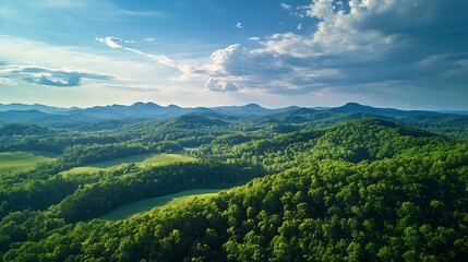Poster - Aerial View of Lush Green Mountain Range in Summer with Blue Skies and Fluffy Clouds : Generative AI