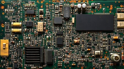 Poster - Intricate Green Circuit Board with Diverse Microprocessors and Integrated Components : Generative AI