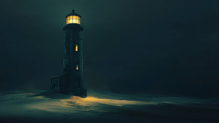 Wall Mural - An abandoned lighthouse ruin in a dark desert night, its light dimmed by the shifting sands.