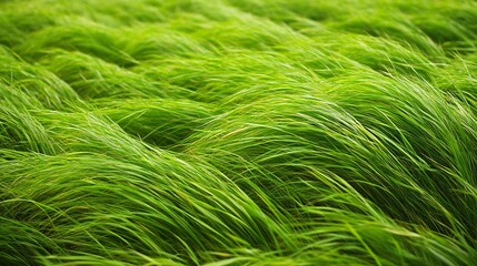 Poster - Vibrant green grass field swaying in the wind on a sunny summer day : Generative AI