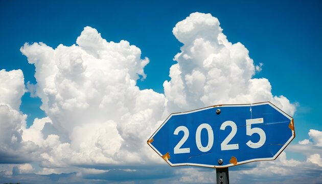 Happy New Year 2025, A blue road sign pointing towards the year 2025 against a bright blue sky with fluffy white clouds, banner, celebration, template, poster, created with generative ai